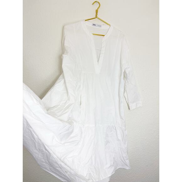 Zara White Long Poplin Midi Dress Size Small Cotton Lagenlook Quiet Luxury - Picture 11 of 15